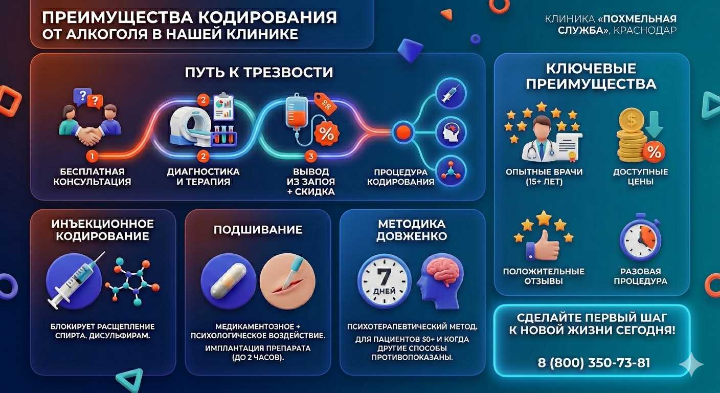 Инфографика о методах кодирования от алкоголя в Опочке: инъекции, подшивание, метод Довженко. Преимущества клиники и этапы лечения.